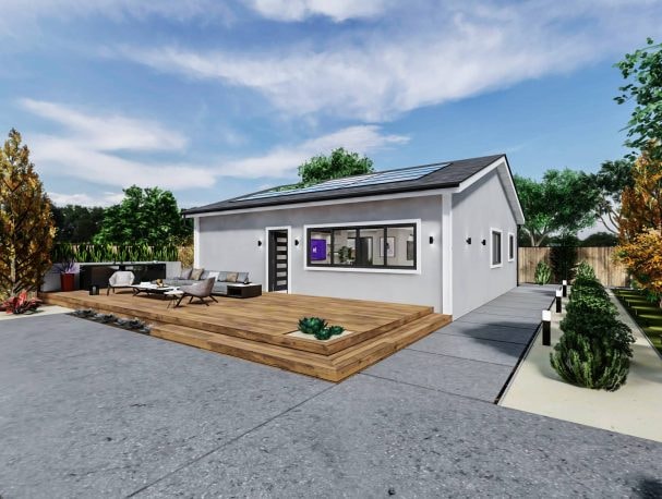1,200 sq ft ADU exterior with solar panels and wood deck